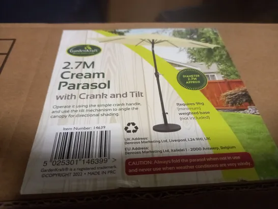 BOXED GARDENKRAFT 2.7M CREAM PARASOL WITH CRANK & TILT - COLLECTION ONLY