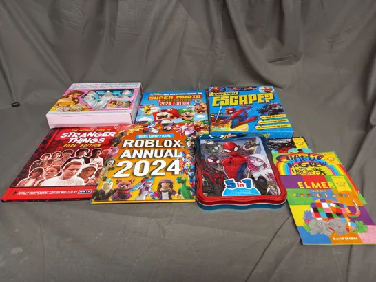 BOX OF APPROXIMATELY 10 ASSORTED BOOKS AND TOYS TO INCLUDE STRANGER THINGS, ROBLOX AND DISNEY PRINCESS