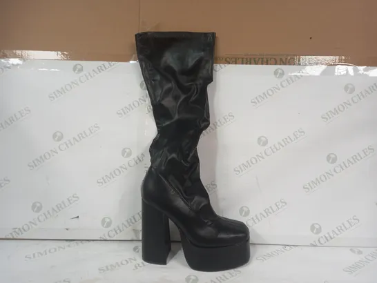 BOXED PAIR OF KOI PLATFORM BLOCK HEEL LONG BOOTS IN BLACK SIZE 5