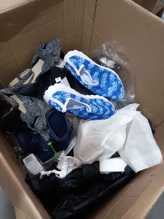 BOX OF APPROXIMATELY 15 PAIRS OF SHOES TO INCLUDE CROCS, HEELS, PUMPS ETC