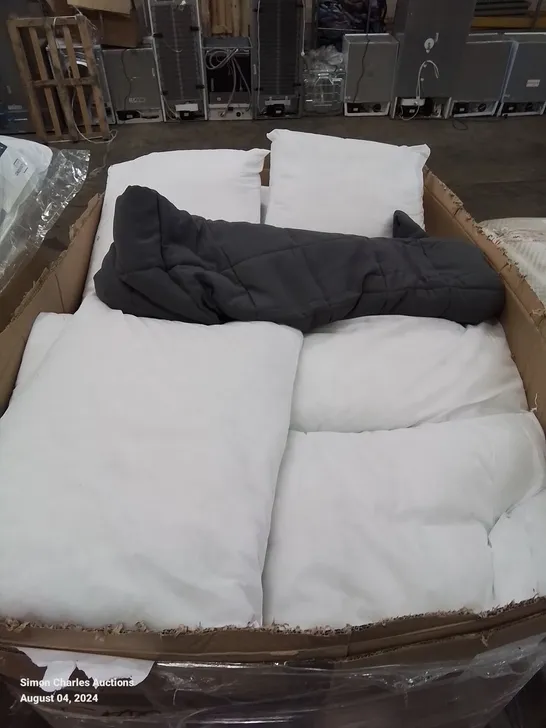 PALLET CONTAINING VARIOUS WEIGHTED BLANKETS AND  PILLOWS SIZES VARY