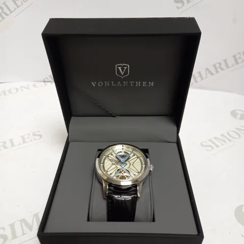 MENS VONLANTHEN AUTOMATIC WATCH – SILVER AND BLUE TEXTURED DIAL - GLASS EXHIBITION BACKCASE – BLACK LEATHER STRAP