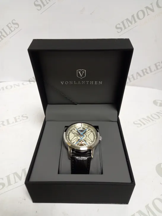 MENS VONLANTHEN AUTOMATIC WATCH – SILVER AND BLUE TEXTURED DIAL - GLASS EXHIBITION BACKCASE – BLACK LEATHER STRAP