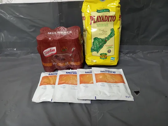 APPROXIMATELY 10 ASSORTED FOOD & DRINK ITEMS TO INCLUDE - SLIMFAST CHOCOLATE SHAKES - NESTLE MERITENE CHICKEN SOUP - YERBA MATE PLAYADITO SOUTH AMERICAN TEA - ETC