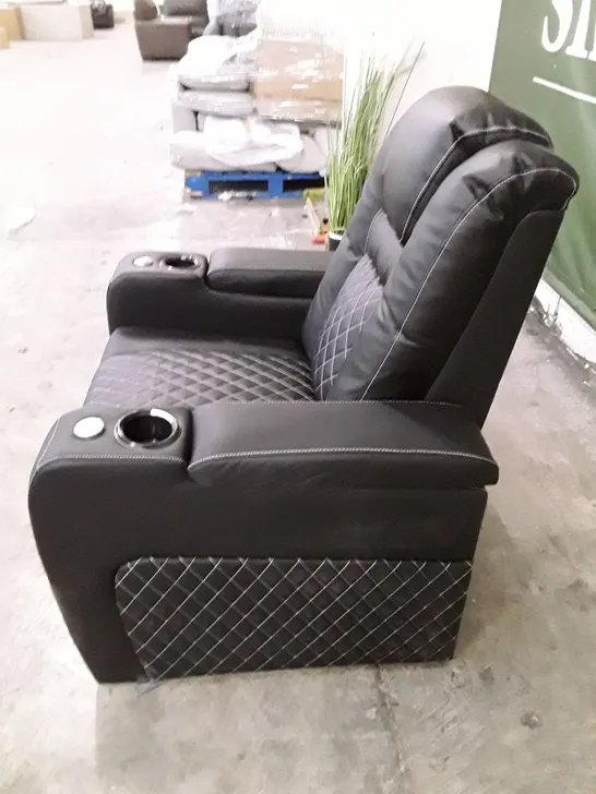 QUALITY DESIGNER ELECTRIC RECLINER ARMCHAIR WITH CUPHOLDERS - BLACK LEATHER
