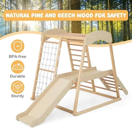 BOXED COSTWAY 6-IN-1 INDOOR JUNGLE GYM WOODEN PLAYGROUND CLIMBER PLAYSET FOR KIDS 1+ YEARS - NATURAL