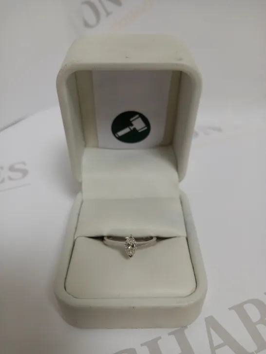 DESIGNER 18CT WHITE GOLD SOLITAIRE RING SET WITH A MARQUISE CUT DIAMOND