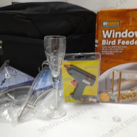 LOT OF APPROX 5 ASSORTED HOUSEHOLD ITEMS TO INCLUDE MARKSMAN HOT GLUE GUN, MYGARDEN BIRD FEEDER, GTV SHELF BRACKET, ETC