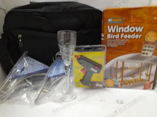 LOT OF APPROX 5 ASSORTED HOUSEHOLD ITEMS TO INCLUDE MARKSMAN HOT GLUE GUN, MYGARDEN BIRD FEEDER, GTV SHELF BRACKET, ETC