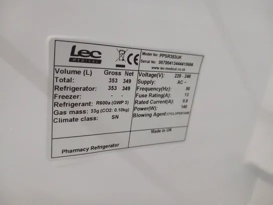 LEC PPSR353UK FREESTANDING PHARMACY CONTROL PLUS FRIDGE - SOLID DOOR 353 LITRES