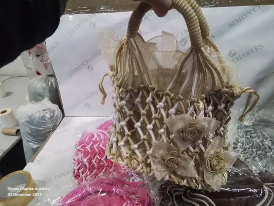 LARGE AMOUNT OF NEW BAGGED STYLISH ROSE DESIGN NET LOOK HANDBAGS