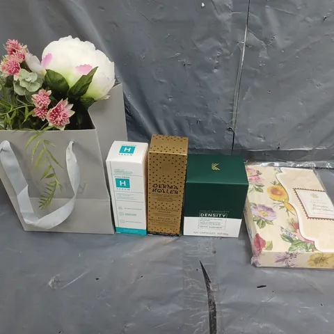 LARGE BOX OF APPROXIMATELY 10 ASSORTED ITEMS TO INCLUDE ARTIFICIAL FLOWERS, PROTEIN BOOSTER AND DEMA ROLLER