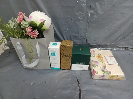 LARGE BOX OF APPROXIMATELY 10 ASSORTED ITEMS TO INCLUDE ARTIFICIAL FLOWERS, PROTEIN BOOSTER AND DEMA ROLLER