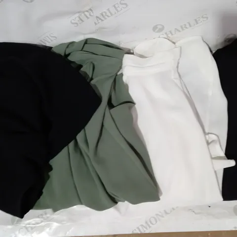 BOX OF APPROXIMATELY 15 ASSORTED CLOTHING AND FASHION ITEMS TO INCLUDE WYNNE LAYERS TOP IN BLACK SIZE M, WYNNE LAYERS TOP IN WHITE SIZE S, WYNNE LAYERS TOP IN GREEN SIZE S, ETC