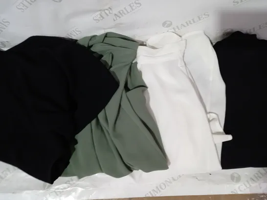 BOX OF APPROXIMATELY 15 ASSORTED CLOTHING AND FASHION ITEMS TO INCLUDE WYNNE LAYERS TOP IN BLACK SIZE M, WYNNE LAYERS TOP IN WHITE SIZE S, WYNNE LAYERS TOP IN GREEN SIZE S, ETC