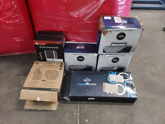 PALLET OF ASSORTED CONSUMER GOODS AND FURNITURE PRODUCTS TO INCLUDE; PREMIUM AIR BEDS, DR.PREPARE ROTARY DEHUMIDIFIER, POLAR PIONEER ICE BATH, KID'S BACKPACK ECT.