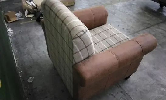 QUALITY DESIGNER TAN LEATHER ARMCHAIR WITH BEIGE CHECKED CUSHIONS