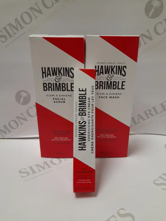 LOT OF 3 ASSORTED HAWKINS & BRIMBLE PRODUCTS TO INCLUDE FACIAL SCRUB, FACE WASH, ENERGISING EYE CREAM 