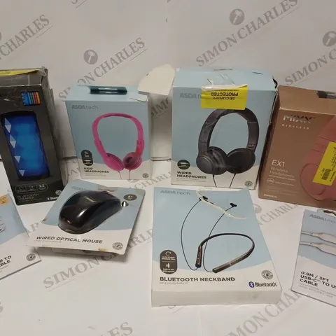 BOX OF APPROX 20 ASSORTED ITEMS INCLUDING KIDS WIRED HEADPHONES, MISS EX1 WIRELESS HEADPHONES AND WIRED OPTICAL MOUSE