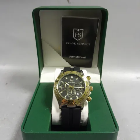 BOXED FRANK SCHMIDT WATCH MULTIFUNCTION BLACK DIAL WITH BLACK RUBBER STRAP