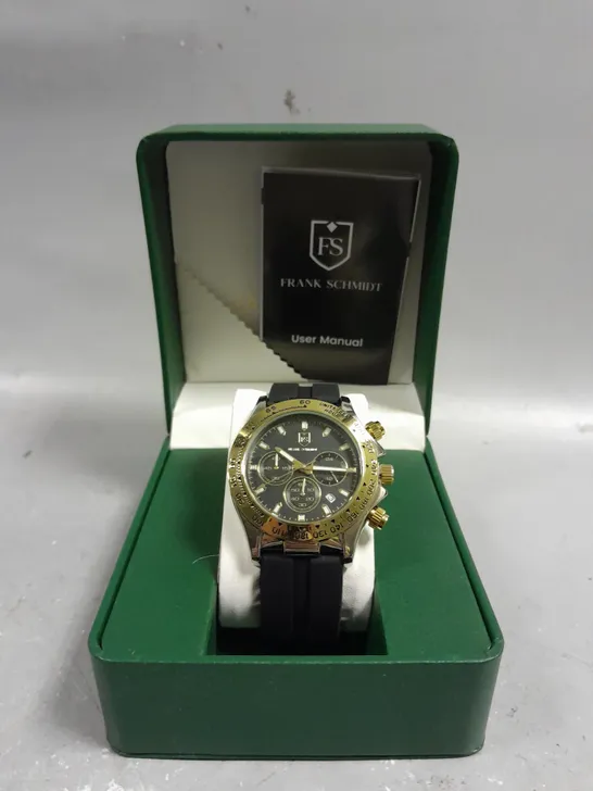 BOXED FRANK SCHMIDT WATCH MULTIFUNCTION BLACK DIAL WITH BLACK RUBBER STRAP