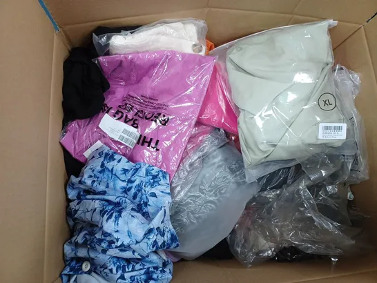  BOX OF ASSORTED CLOTHING ITEMS TOO INCLUDE DRESSES , SHIRTS AND TROUSERS IN VARIOUS SIZES AND COLOURS   