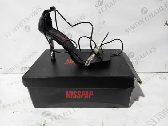 BOXED PAIR OF MISSAP LACE UP DIAMANTE DETAIL HEELS IN BLACK UK SIZE 4