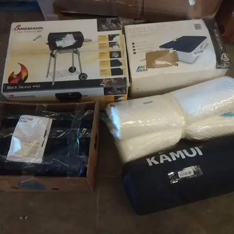 PALLET OF ASSORTED ITEMS INCLUDING LUXURY AIR BED, LANDMANN BLACK TAURUS GRILL, ACTIVE ERA, KAMUI,  