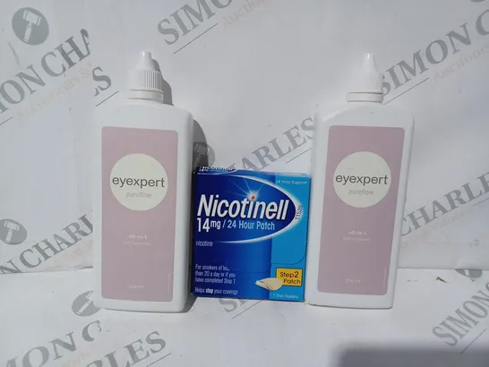 APPROXIMATELY 20 ASSORTED HOUSEHOLD ITEMS TO INCLUDE EYEXPERT PUREFLOW ALL-IN-1, NICOTINELL PATCH, ETC