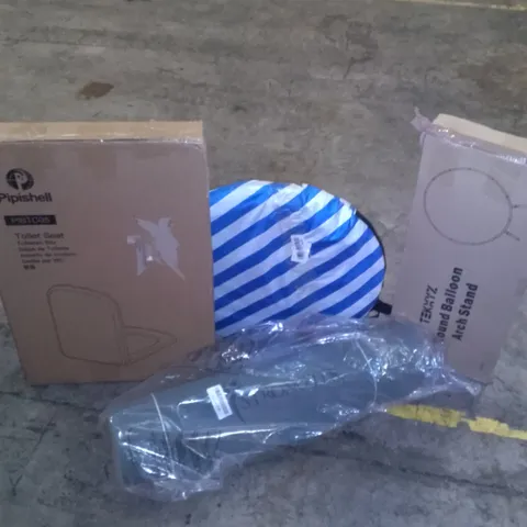 PALLET OR ASSORTED ITEMS TO INCLUDE TOILET SEAT, POP UP TENT, ROUND BALLOON ARCH STAND ETC