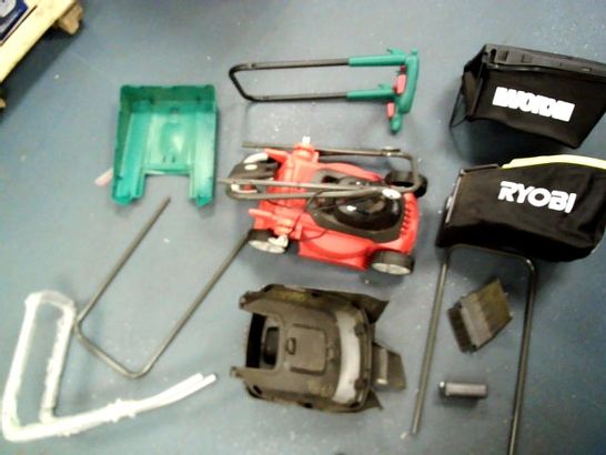 ASSORTED LOT OF GARDEN EQUIPTMENT INCLUDING FLYMO EASISTORE LOWNMOWER, PARTS AND ACCESORIES 