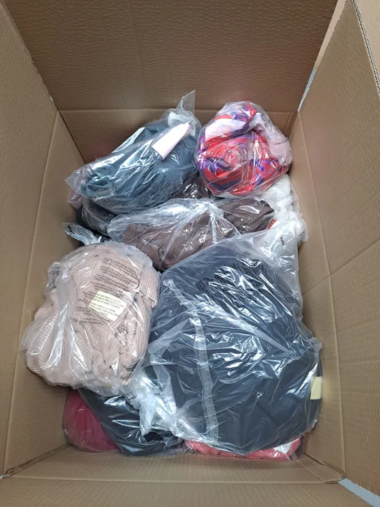 BOX OF ASSORTED CLOTHING ITEMS TOO INCLUDE COATS , TOPS, AND TROUSERS   ETC. 