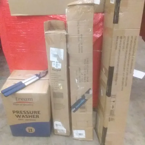 PALLET OF ASSORTED ITEMS INCLUDING CLOTHES RAIL, GARDEN SCISSORS, PRESSURE WASHER, CHAIR MAT FOR CARPET