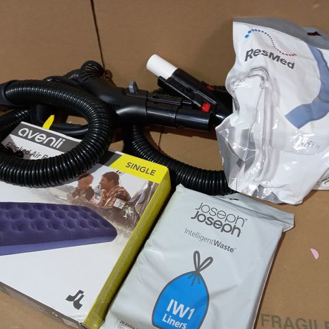 LOT OF APPROXIMATELY 10 ASSORTED HOUSEHOLD ITEMS TO INCLUDE AIR BED, AIR FIT FACE MASK, VACUUM PARTS, ETC