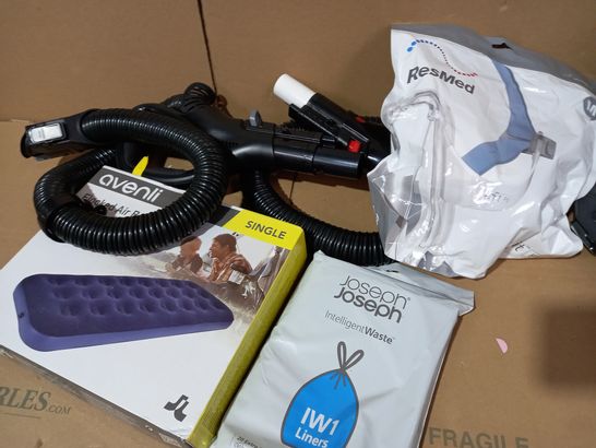 LOT OF APPROXIMATELY 10 ASSORTED HOUSEHOLD ITEMS TO INCLUDE AIR BED, AIR FIT FACE MASK, VACUUM PARTS, ETC