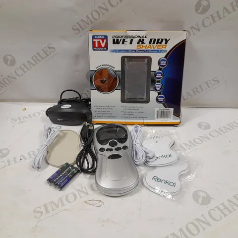 LOT OF 3 ASSORTED ELECTRICALS TO INCLUDE SK TRAVEL CHARGER, GLOBAL TV PRODUCTS WET & DRY SHAVER, RENKAI STROKE MONITOR ETC