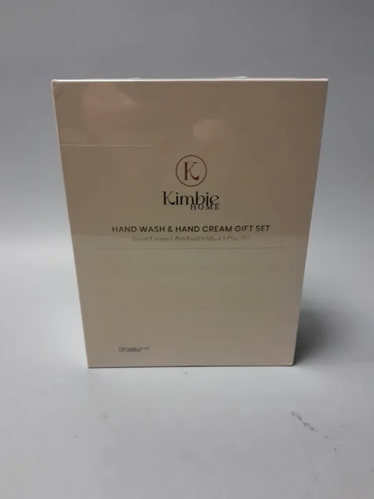 SEALED KIMBIE HOME HAND WASH & HAND CREAM GIFT SET IN CARAMEL, MUSK AND PINE