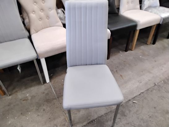 6 DESIGNER LIGHT GREY FAUX LEATHER CHAIRS WITH CHROME LEGS