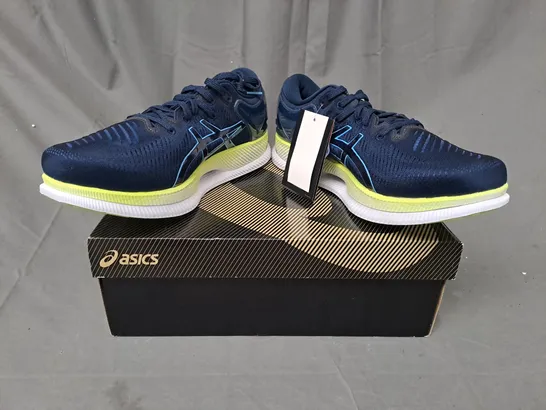 BOXED PAIR OF ASICS METARIDE RUNNING SHOES IN BLUE/LIME UK SIZE 10