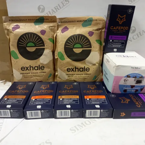 LOT OF 9 ITEMS TO INCLUDE 2 CAFFEPOD CRAFT COFFEE INTENSE ROAST, 2 EXHALE ORGANIC HOUSE ROAST, 2 CAFEPOD CRAFT COFFEE SUPERCHARGER ESPRESSO, ETC