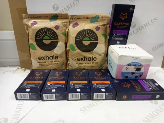 LOT OF 9 ITEMS TO INCLUDE 2 CAFFEPOD CRAFT COFFEE INTENSE ROAST, 2 EXHALE ORGANIC HOUSE ROAST, 2 CAFEPOD CRAFT COFFEE SUPERCHARGER ESPRESSO, ETC