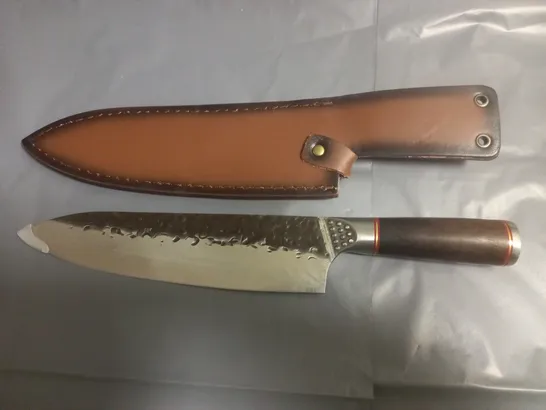 WOODEN HANDELED CHEFS KNIFE WITH SHEATH