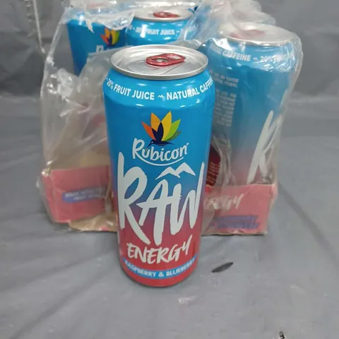 LOT OF 10 RUBICON RAW ENERGY DRINK RASPBERRY AND BLUEBERRY 500ML PER CAN