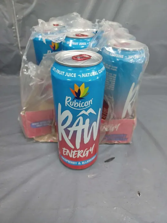 LOT OF 10 RUBICON RAW ENERGY DRINK RASPBERRY AND BLUEBERRY 500ML PER CAN