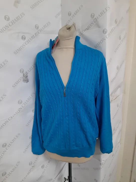 GREEN LAMB 1/4 ZIP CABLE KNIT JUMPER IN BLUE SIZE 14