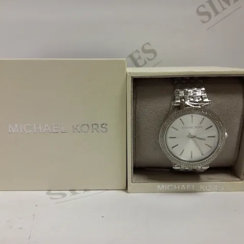 BOXED MICHAEL KORS DARCI SILVER DIAL PAVE BEZEL LADIES WATCH