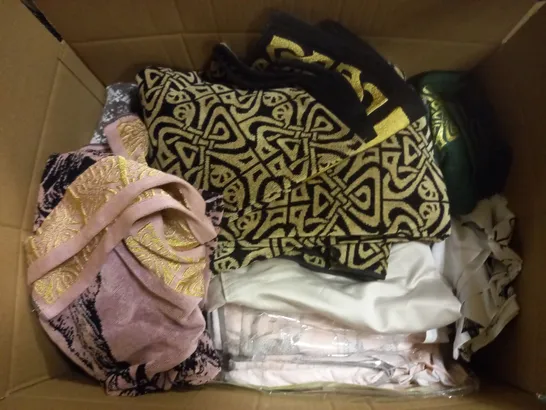 LARGE BOX OF ASSORTED DUVETS , TOWELS AND PILLOWS 