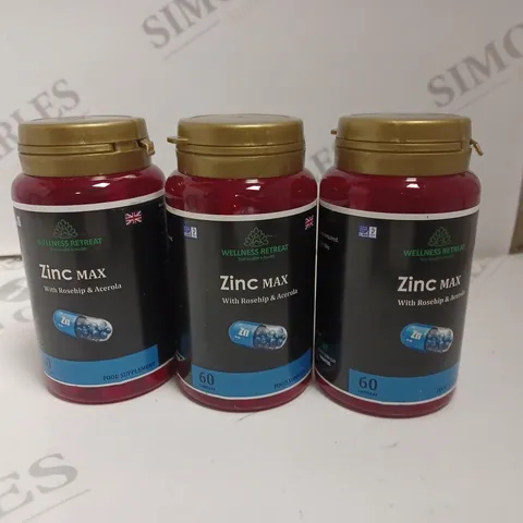 3 X (60 CAPSULES PER CONTAINER) SEALED WELLNESS RETREAT ZINC MAX CAPSULES 