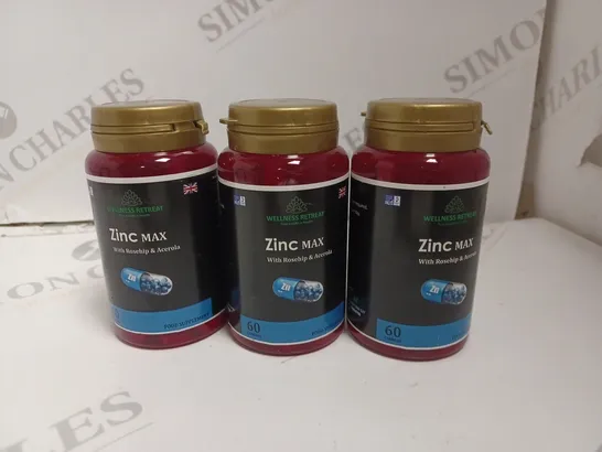 3 X (60 CAPSULES PER CONTAINER) SEALED WELLNESS RETREAT ZINC MAX CAPSULES 