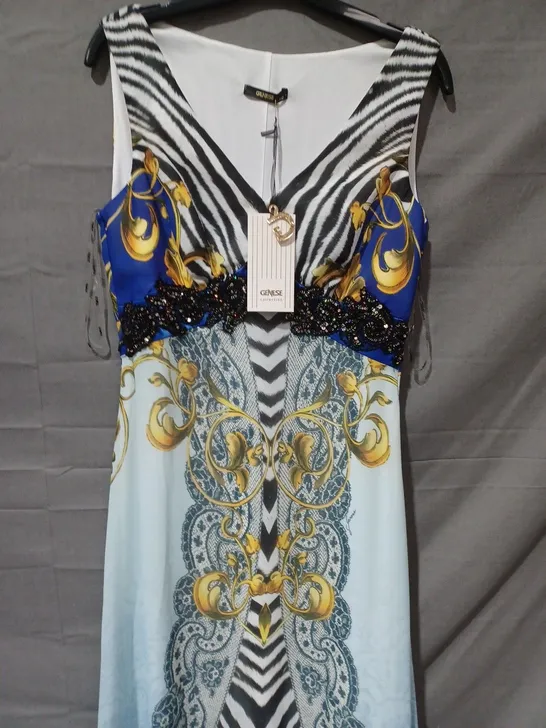 GENESE LASE SEQUIN DETAIL PRINT SHOULDER STRAP DRESS IN WHITE/BLUE MULTI - SIZE 40